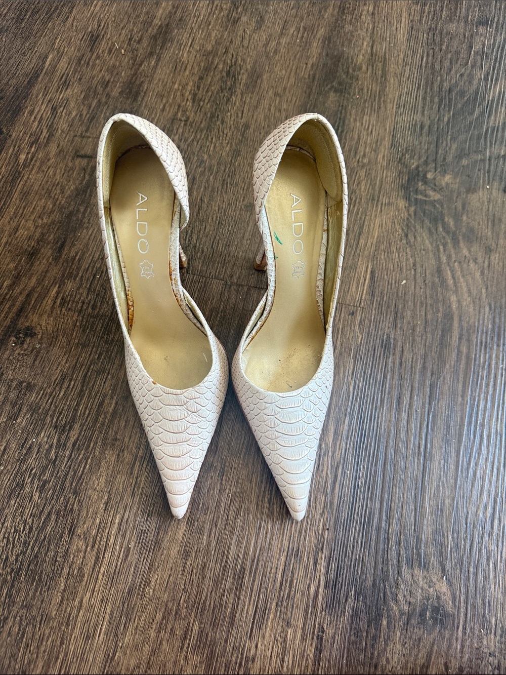 ALDO D'Orsay Pointed Toe Pumps in Light Beige Snake-Embossed